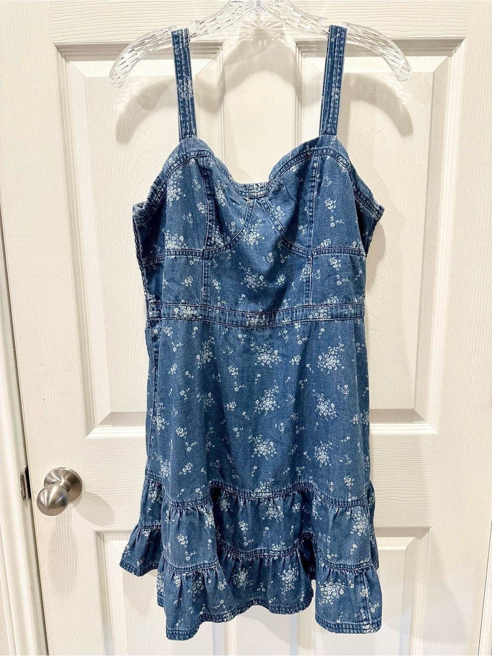 American Eagle Corset Fit and Flare Floral Print Sleeveless Denim Mini Dress XL